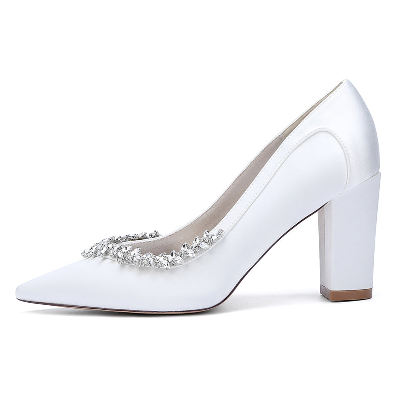 Bridal Shoes for Women with Rhinestones Pointed Toe and Block Heel