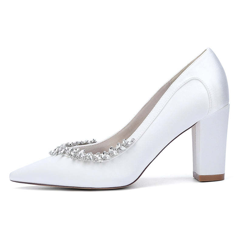 Bridal Shoes for Women with Rhinestones Pointed Toe and Block Heel