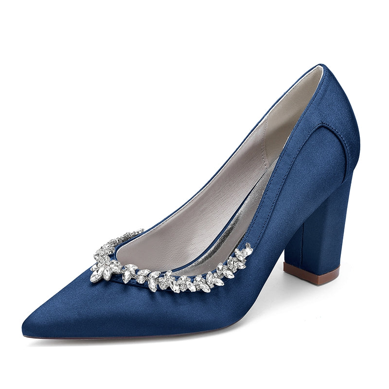 Bridal Shoes for Women with Rhinestones Pointed Toe and Block Heel
