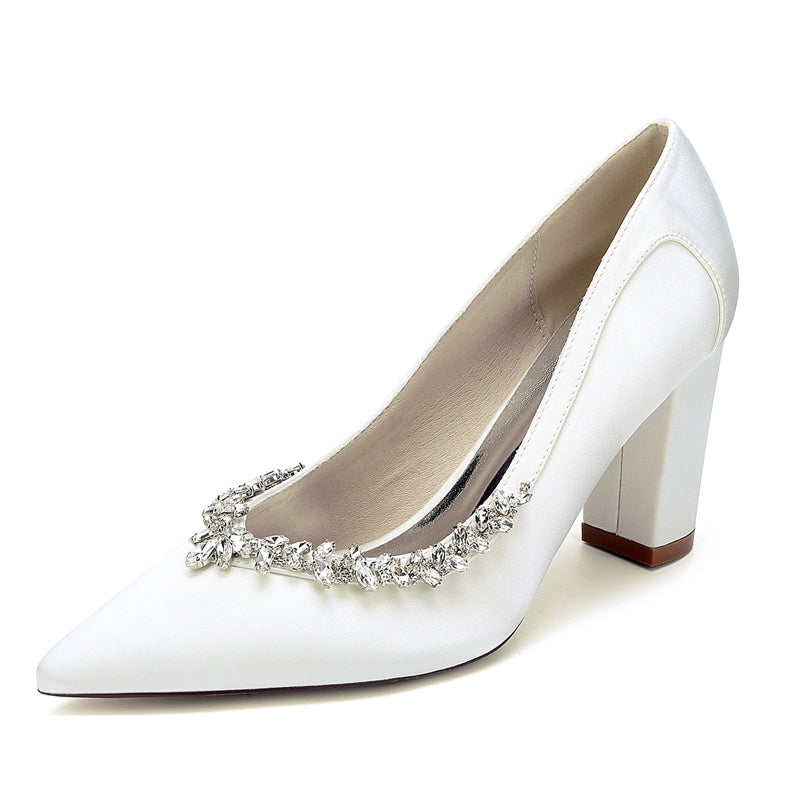 Bridal Shoes for Women with Rhinestones Pointed Toe and Block Heel