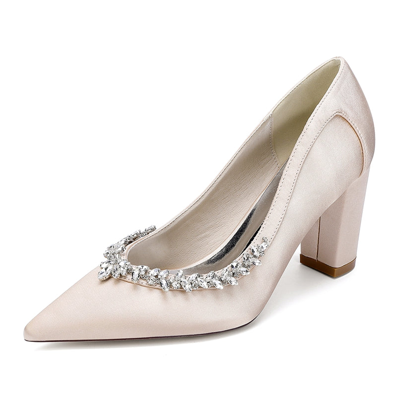 Bridal Shoes for Women with Rhinestones Pointed Toe and Block Heel