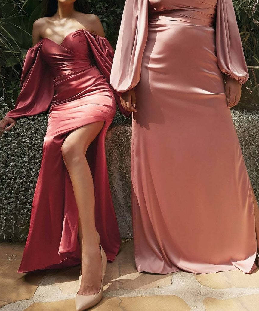 Off-the-Shoulder Floor-Length Bridesmaid Gown with Side Slit