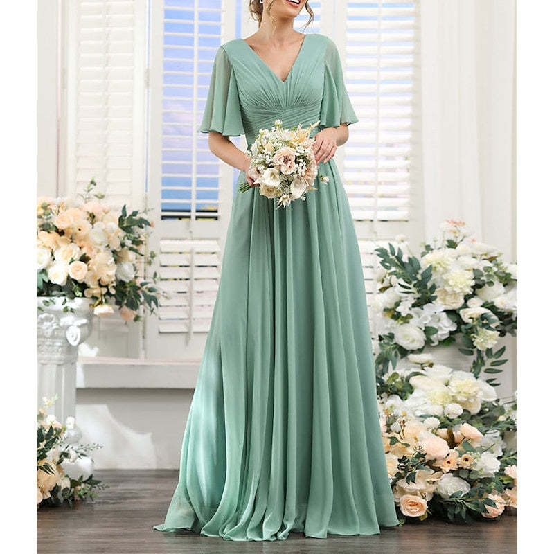 V-Neck A-Line Princess Bridesmaid Dresses with Short Sleeves for Wedding Guests