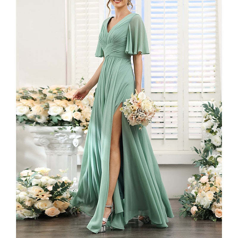 V-Neck A-Line Princess Bridesmaid Dresses with Short Sleeves for Wedding Guests