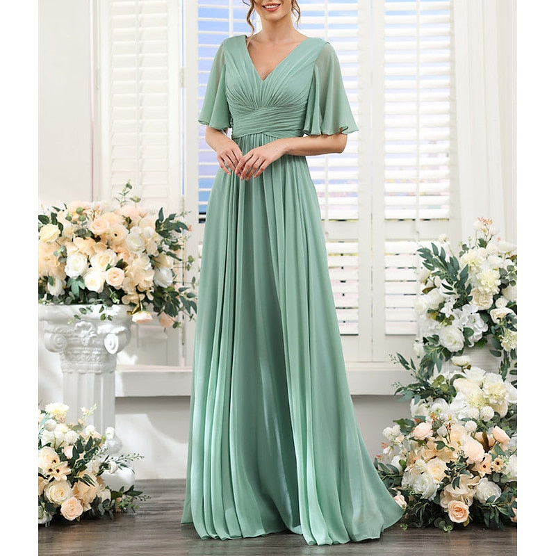 V-Neck A-Line Princess Bridesmaid Dresses with Short Sleeves for Wedding Guests
