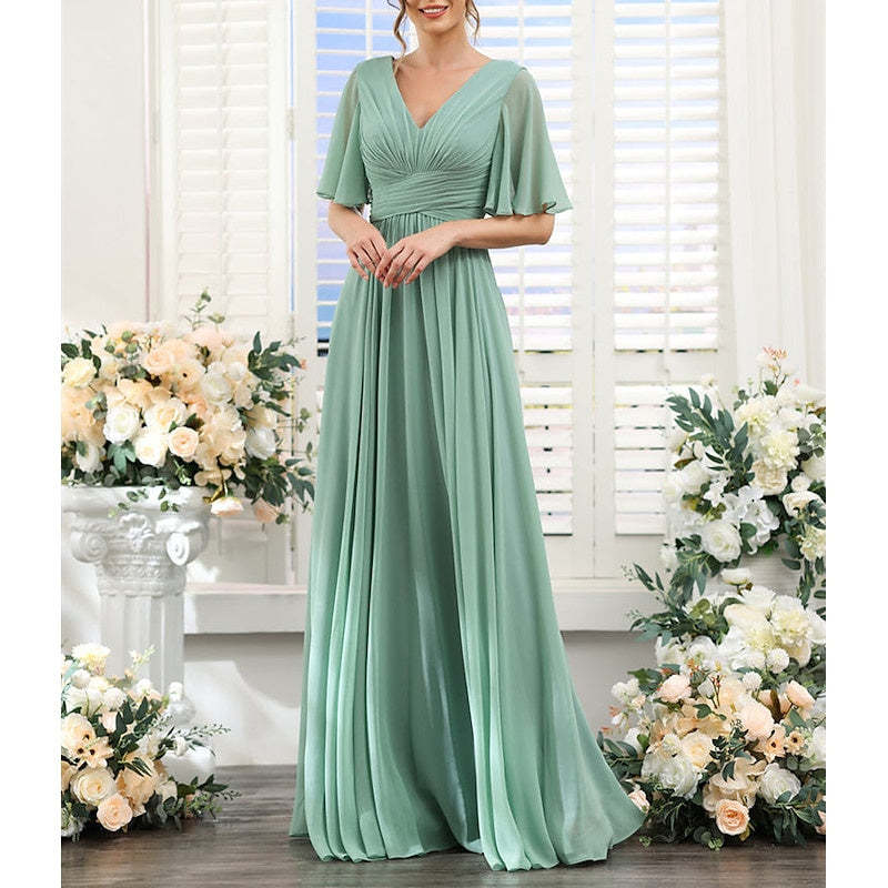 V-Neck A-Line Princess Bridesmaid Dresses with Short Sleeves for Wedding Guests