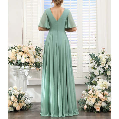 V-Neck A-Line Princess Bridesmaid Dresses with Short Sleeves for Wedding Guests