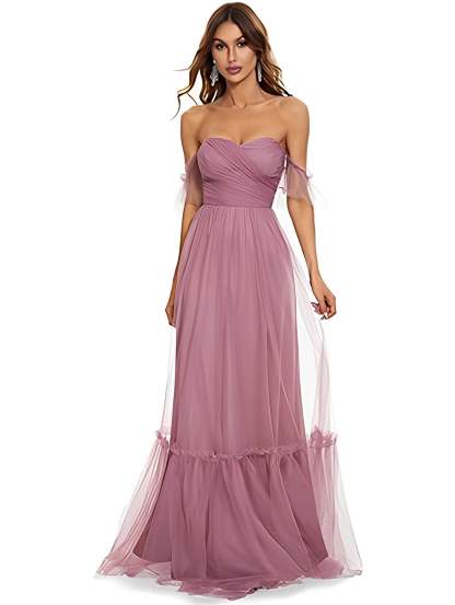Floor-Length Off-the-Shoulder Bridesmaid Dress with Princess Sleeveless A-Line