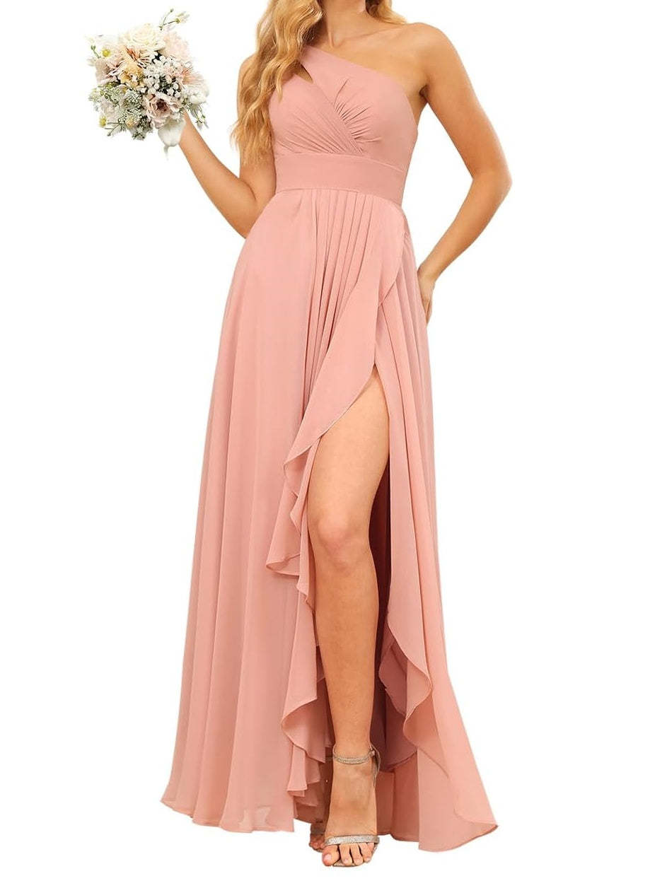 One Shoulder Sleeveless Floor-Length A-Line Bridesmaid Gown