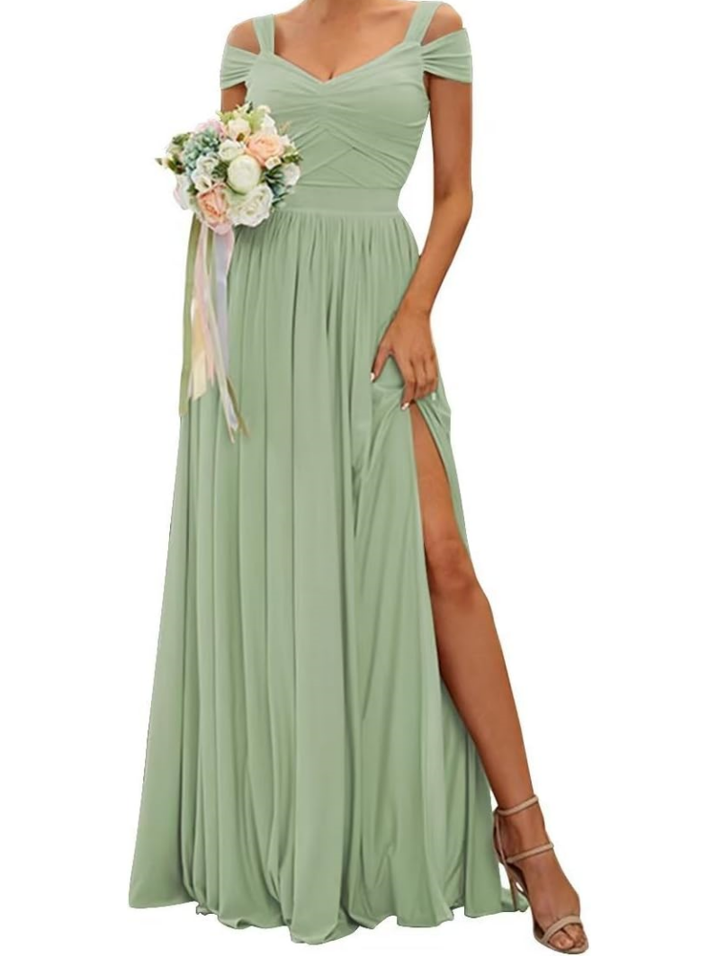 Floor-Length Off-the-Shoulder A-Line Bridesmaid Dresses Featuring a Slit