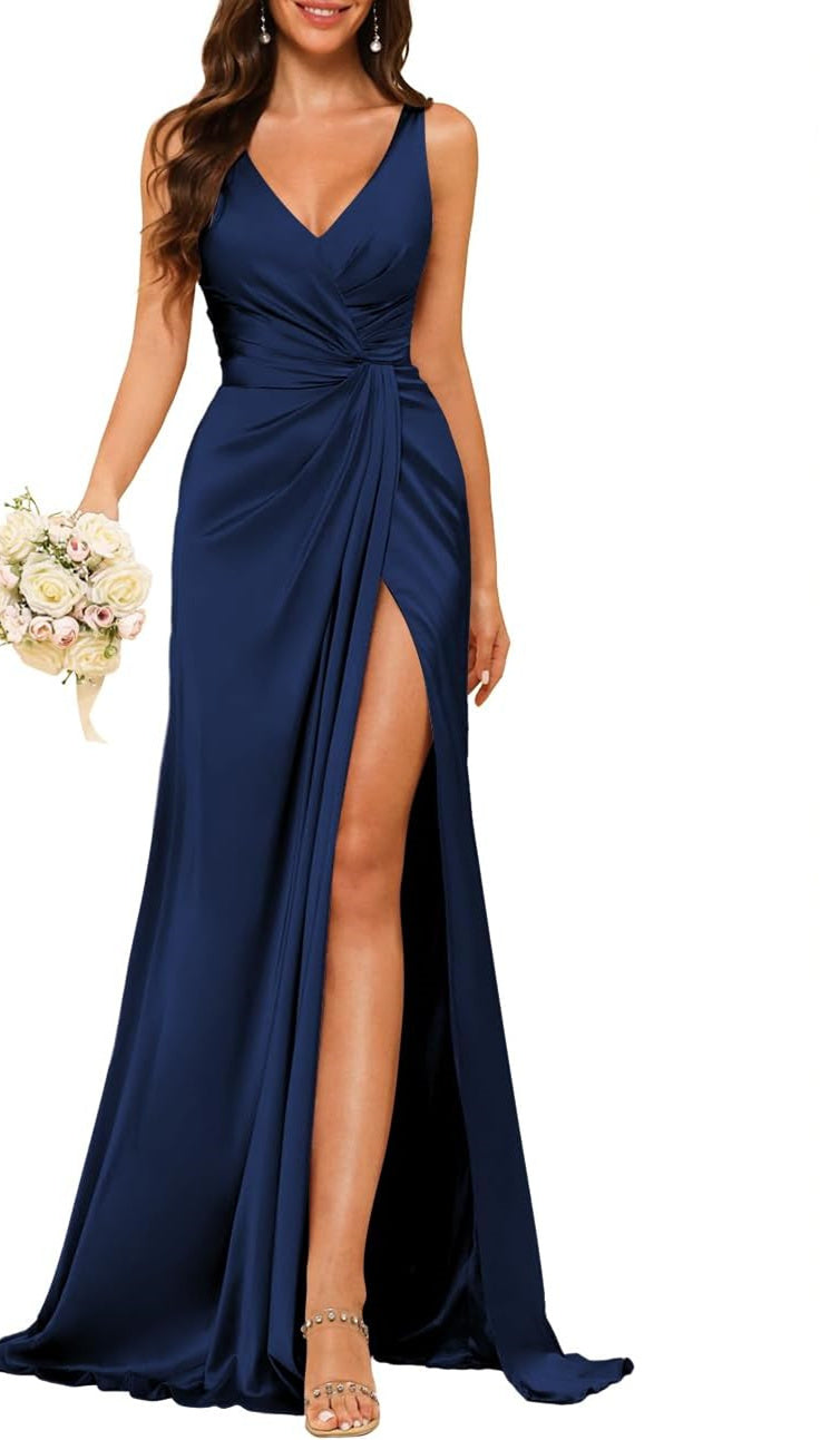 Princess V-neck sleeveless floor-length A-line bridesmaid dress featuring a split
