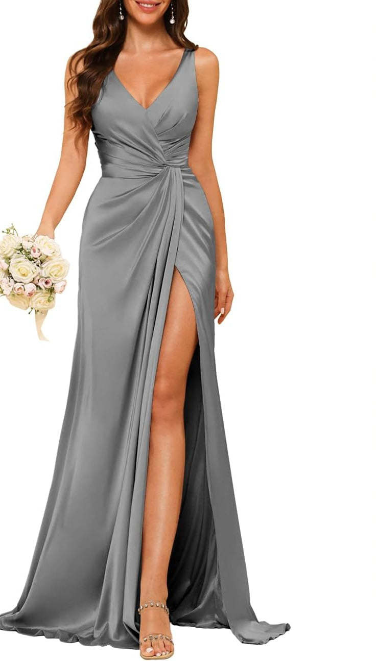 Princess V-neck sleeveless floor-length A-line bridesmaid dress featuring a split
