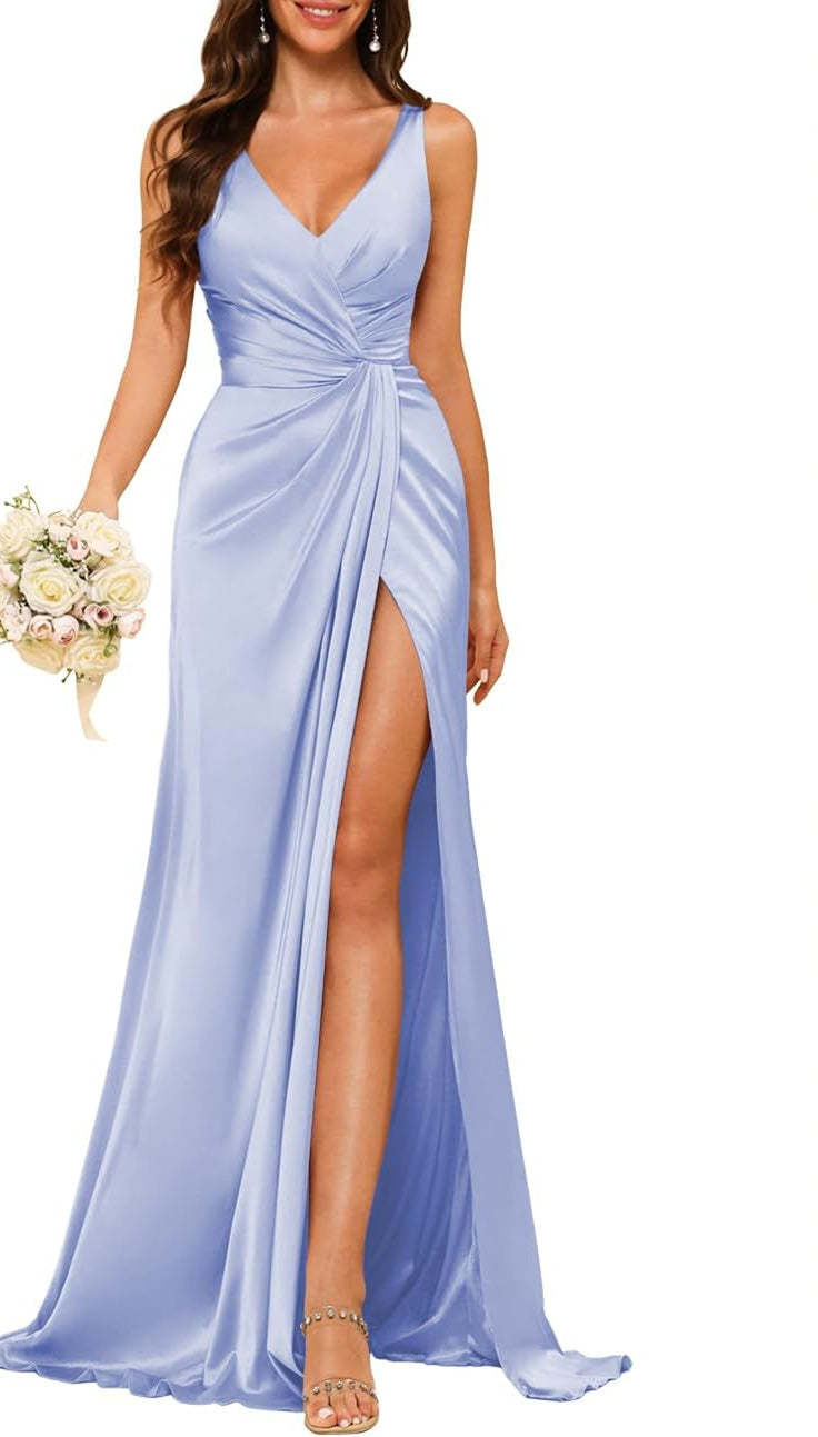 Princess V-neck sleeveless floor-length A-line bridesmaid dress featuring a split