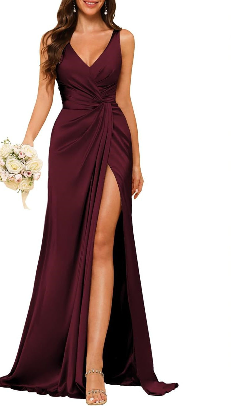 Princess V-neck sleeveless floor-length A-line bridesmaid dress featuring a split