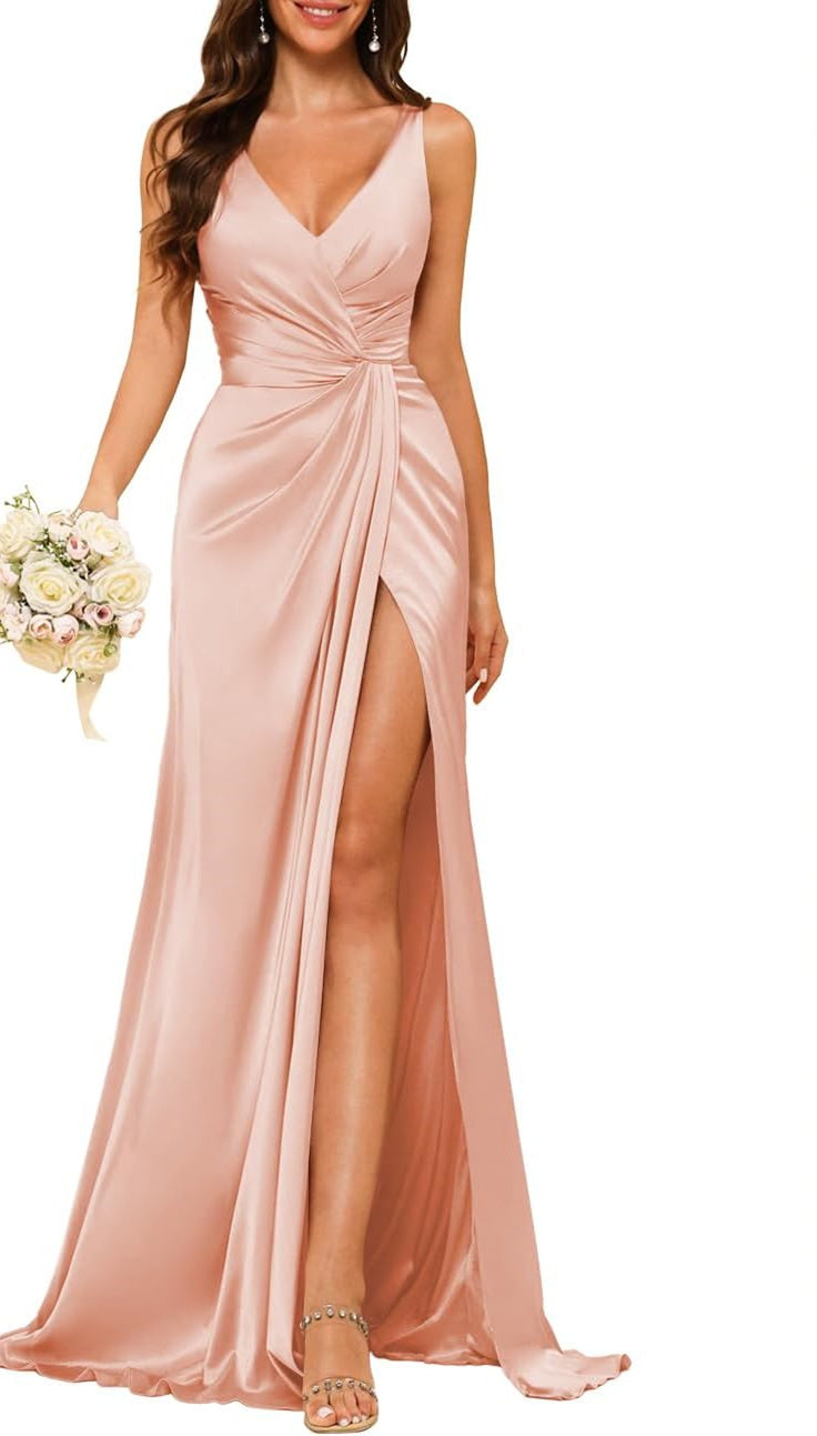 Princess V-neck sleeveless floor-length A-line bridesmaid dress featuring a split