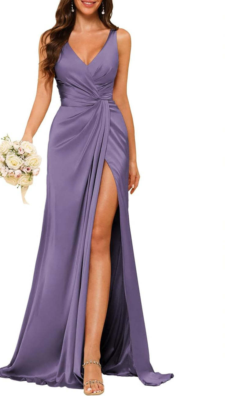 Princess V-neck sleeveless floor-length A-line bridesmaid dress featuring a split