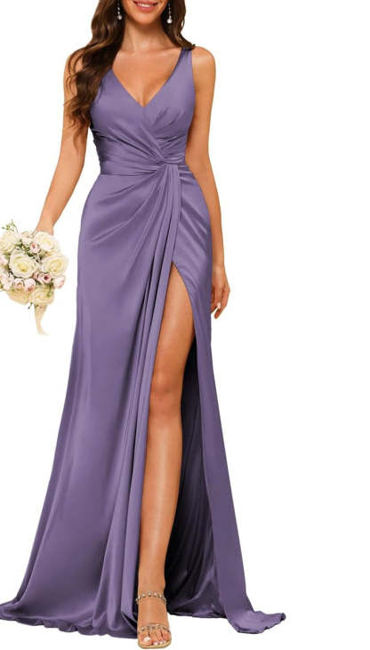 Princess V-neck sleeveless floor-length A-line bridesmaid dress featuring a split