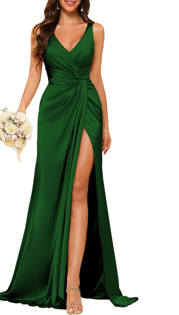 Princess V-neck sleeveless floor-length A-line bridesmaid dress featuring a split