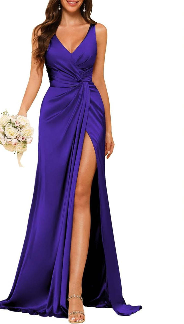 Princess V-neck sleeveless floor-length A-line bridesmaid dress featuring a split