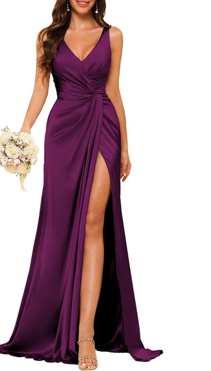 Princess V-neck sleeveless floor-length A-line bridesmaid dress featuring a split