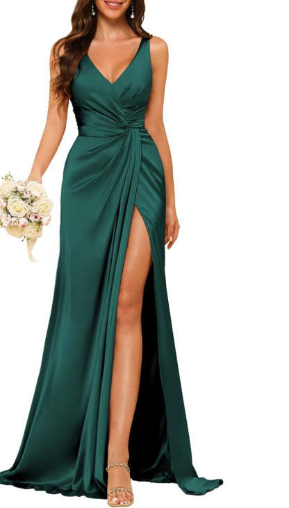 Princess V-neck sleeveless floor-length A-line bridesmaid dress featuring a split