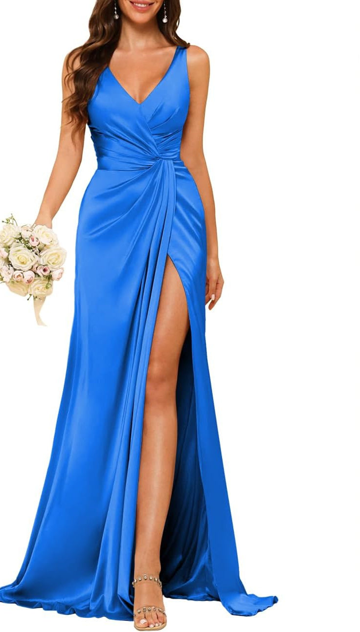 Princess V-neck sleeveless floor-length A-line bridesmaid dress featuring a split