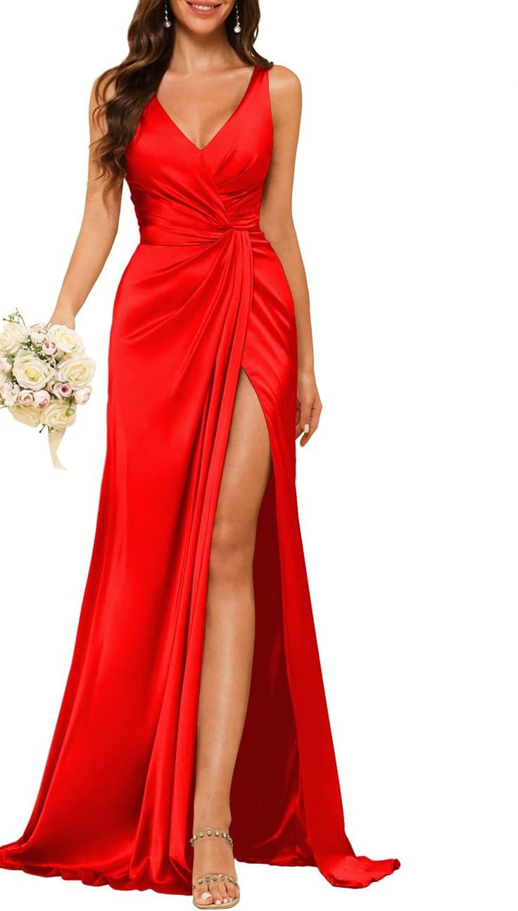 Princess V-neck sleeveless floor-length A-line bridesmaid dress featuring a split