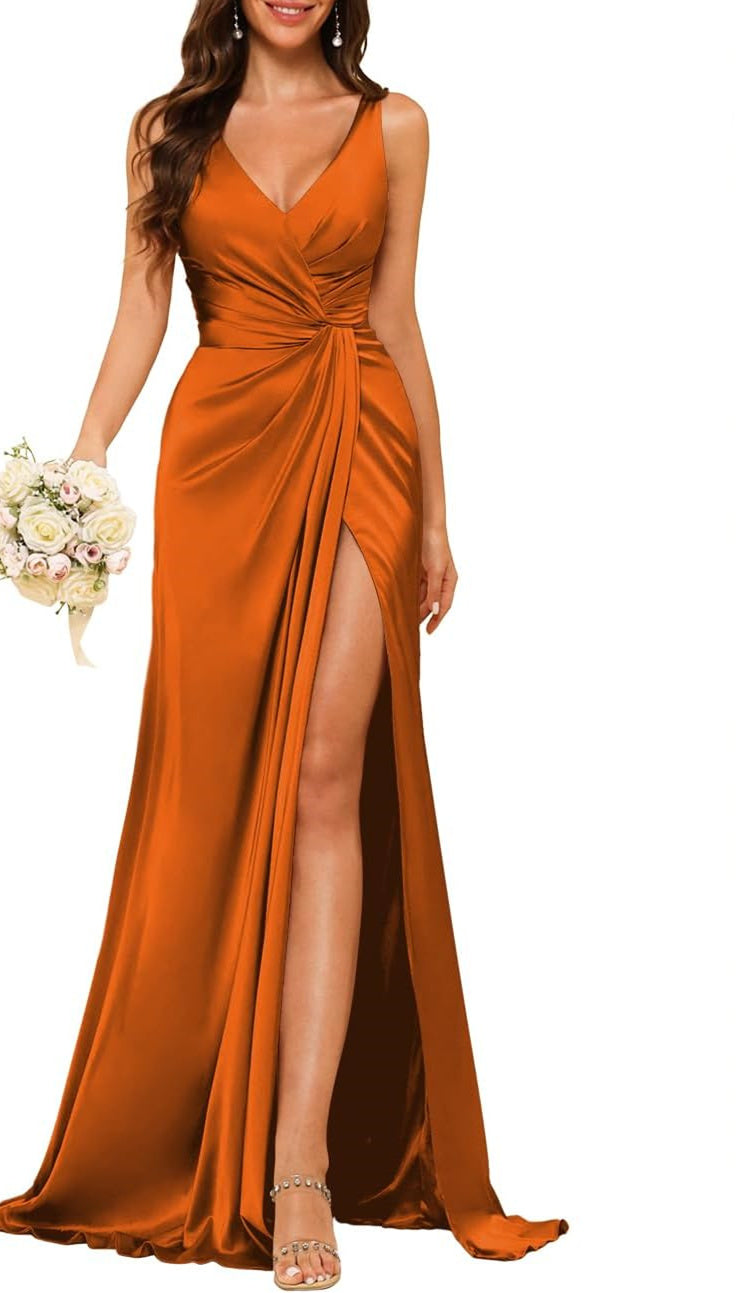 Princess V-neck sleeveless floor-length A-line bridesmaid dress featuring a split