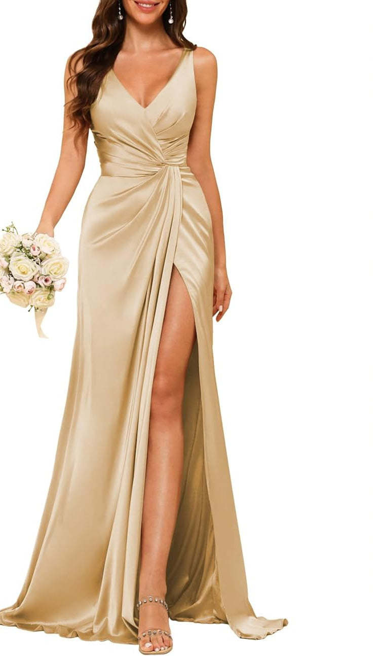 Princess V-neck sleeveless floor-length A-line bridesmaid dress featuring a split
