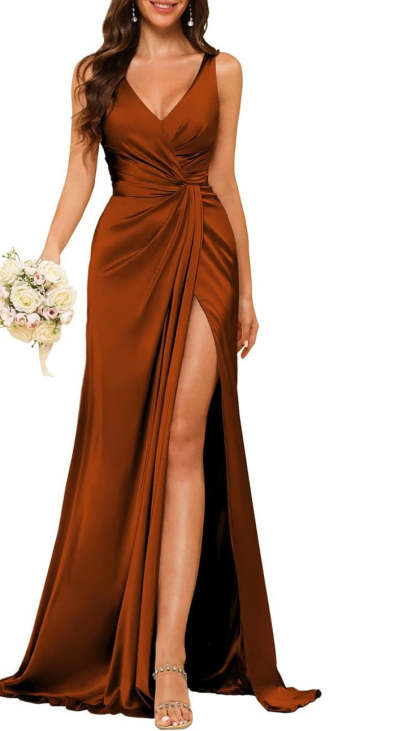 Princess V-neck sleeveless floor-length A-line bridesmaid dress featuring a split