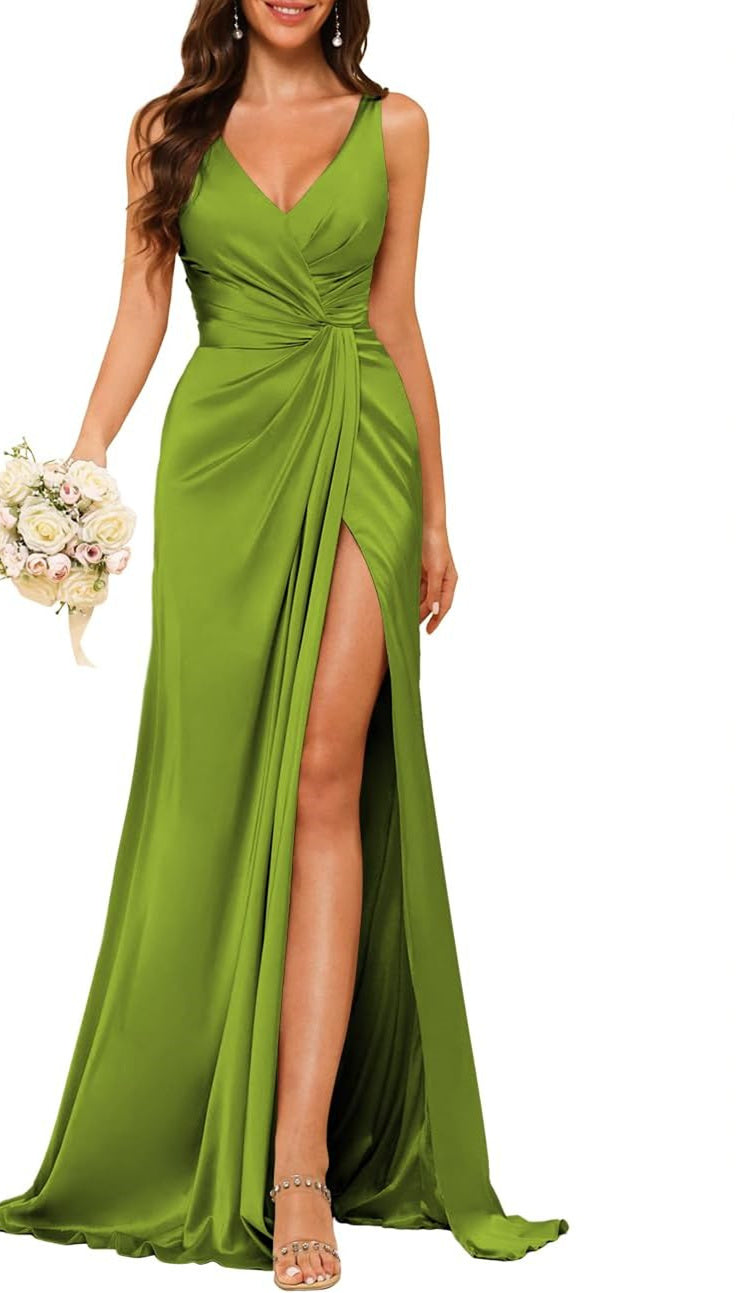 Princess V-neck sleeveless floor-length A-line bridesmaid dress featuring a split