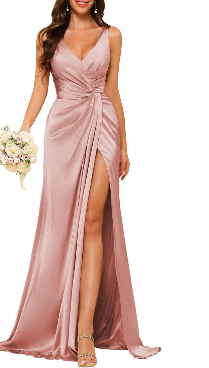 Princess V-neck sleeveless floor-length A-line bridesmaid dress featuring a split