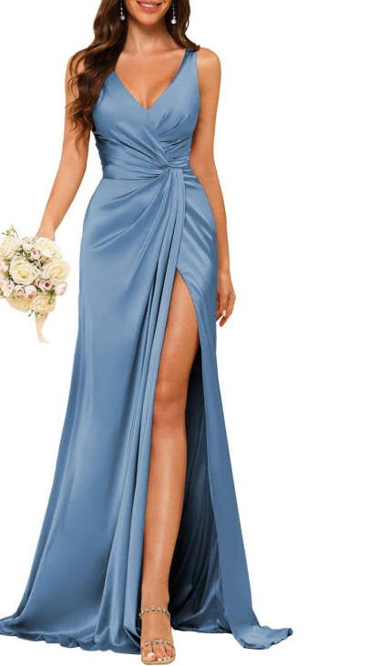 Princess V-neck sleeveless floor-length A-line bridesmaid dress featuring a split