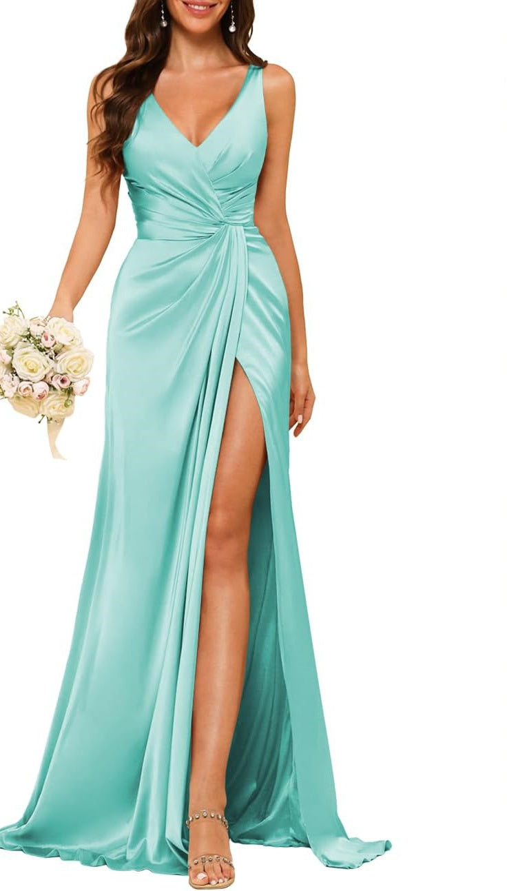 Princess V-neck sleeveless floor-length A-line bridesmaid dress featuring a split