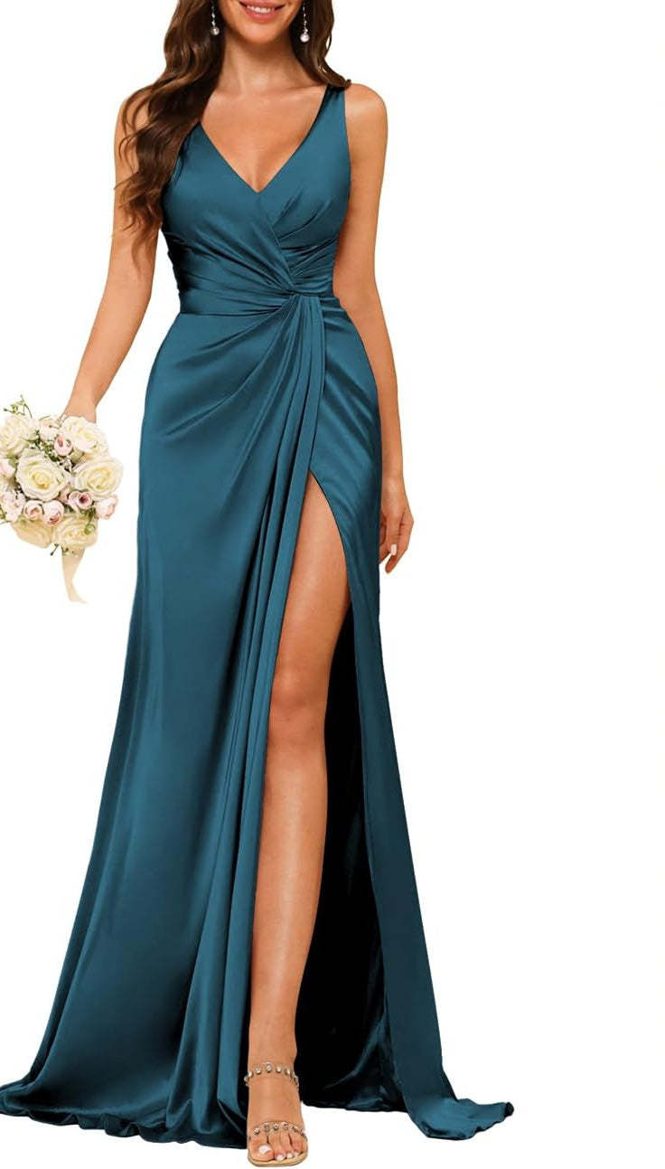 Princess V-neck sleeveless floor-length A-line bridesmaid dress featuring a split