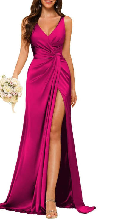 Princess V-neck sleeveless floor-length A-line bridesmaid dress featuring a split