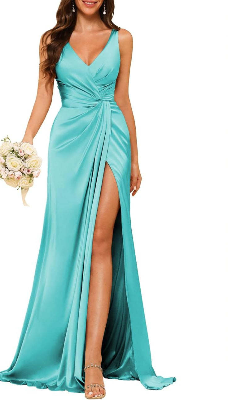 Princess V-neck sleeveless floor-length A-line bridesmaid dress featuring a split