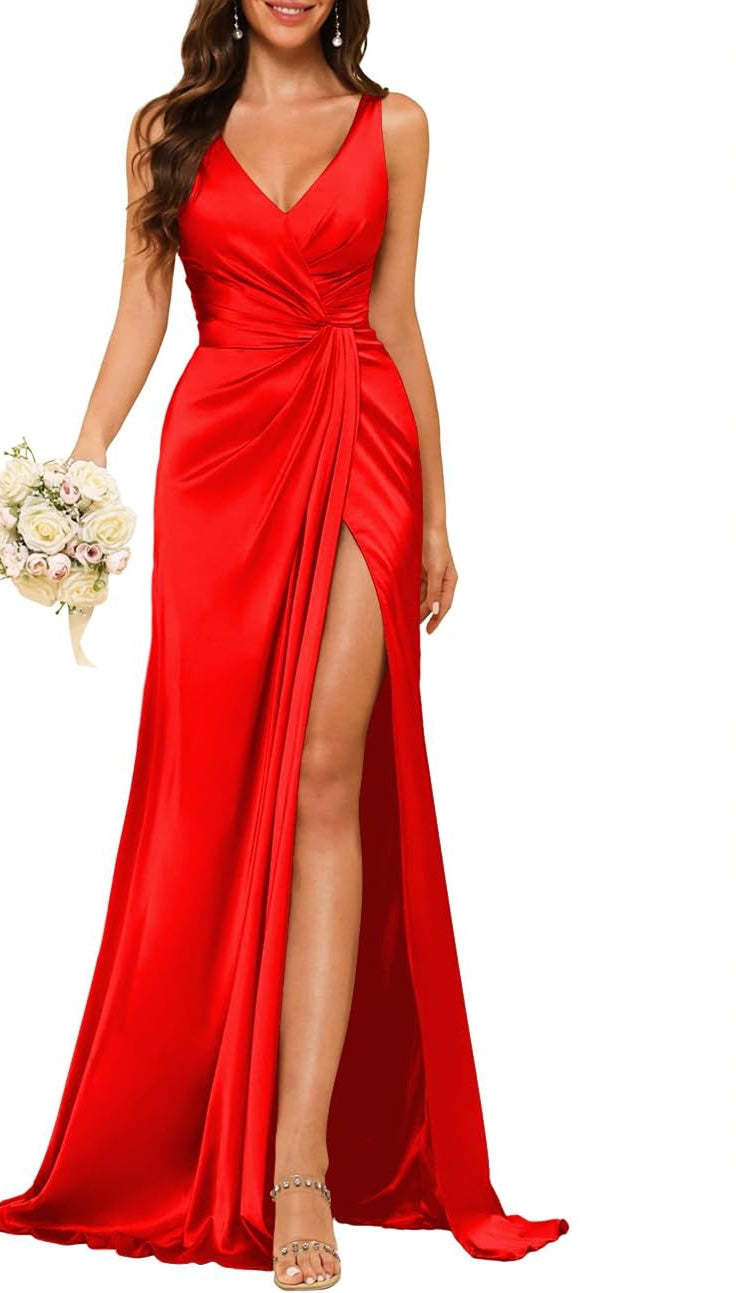 Princess V-neck sleeveless floor-length A-line bridesmaid dress featuring a split
