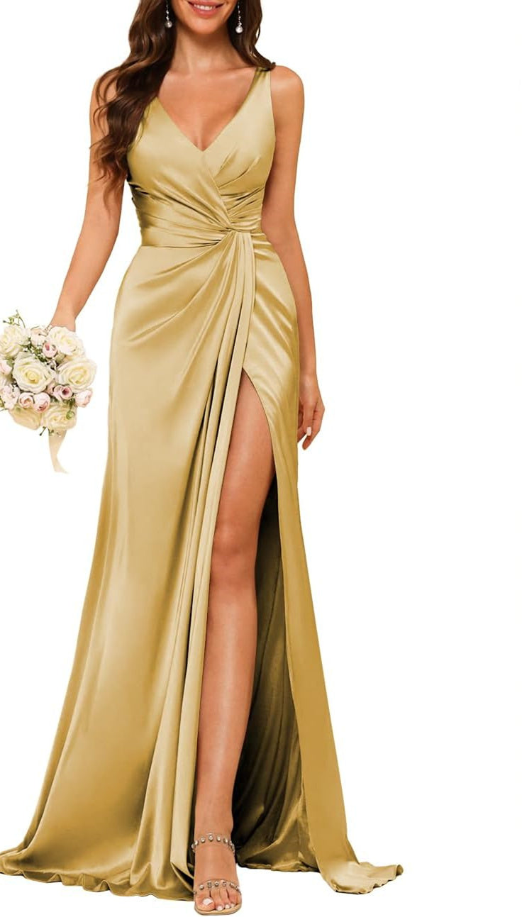 Princess V-neck sleeveless floor-length A-line bridesmaid dress featuring a split