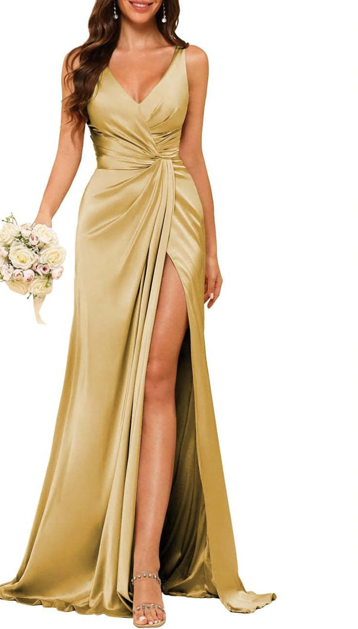 Princess V-neck sleeveless floor-length A-line bridesmaid dress featuring a split