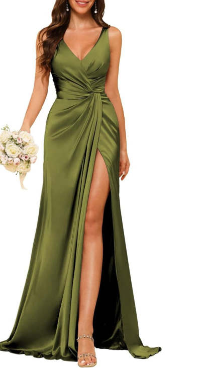 Princess V-neck sleeveless floor-length A-line bridesmaid dress featuring a split
