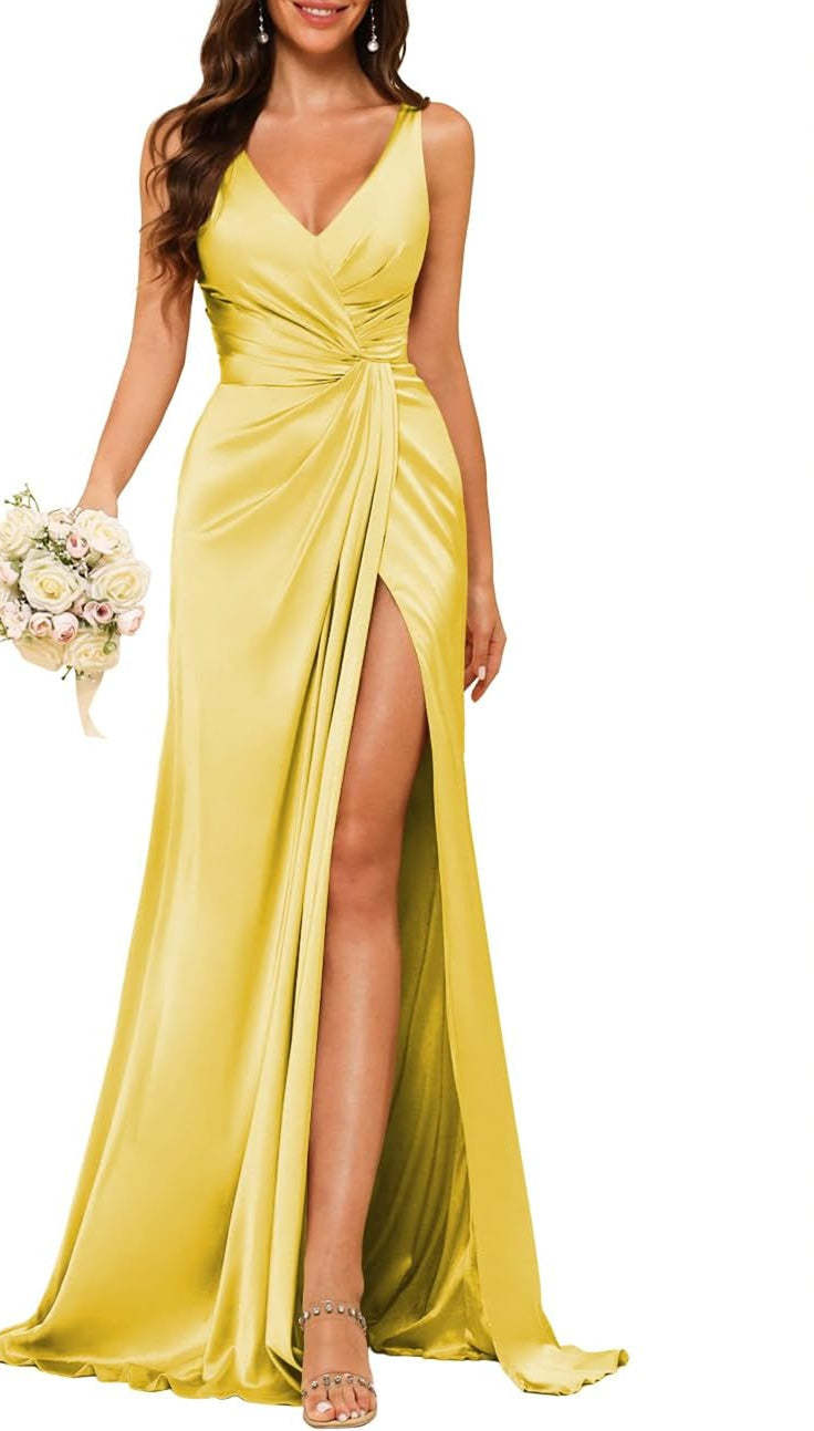 Princess V-neck sleeveless floor-length A-line bridesmaid dress featuring a split