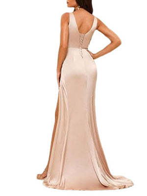 Princess V-neck sleeveless floor-length A-line bridesmaid dress featuring a split