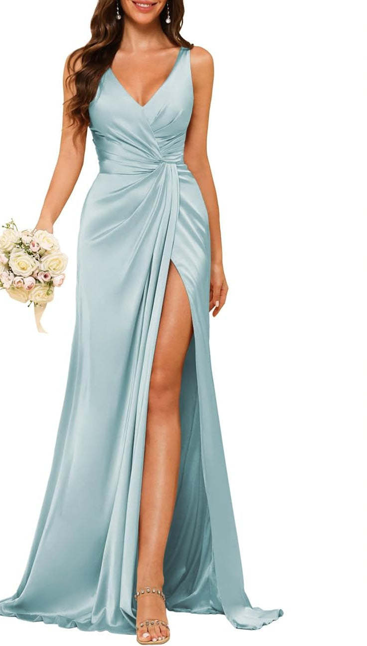 Princess V-neck sleeveless floor-length A-line bridesmaid dress featuring a split