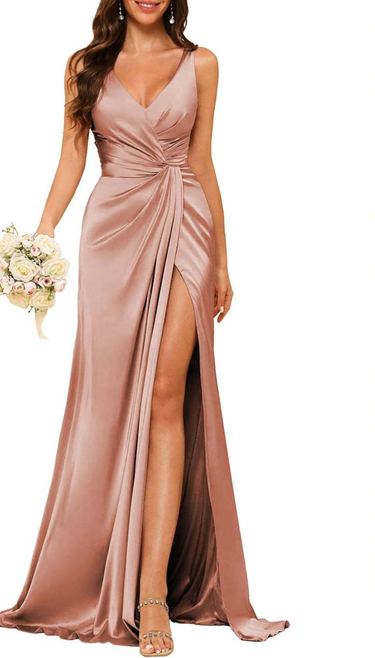 Princess V-neck sleeveless floor-length A-line bridesmaid dress featuring a split