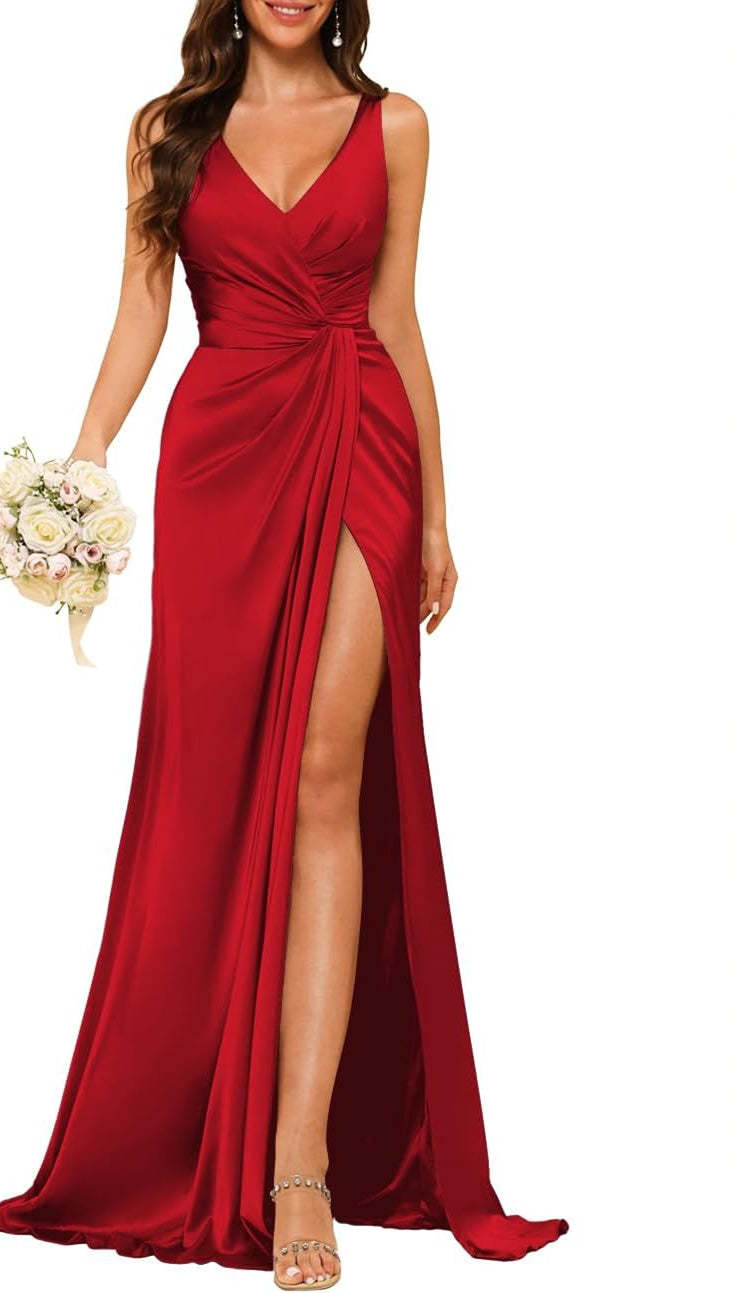 Princess V-neck sleeveless floor-length A-line bridesmaid dress featuring a split