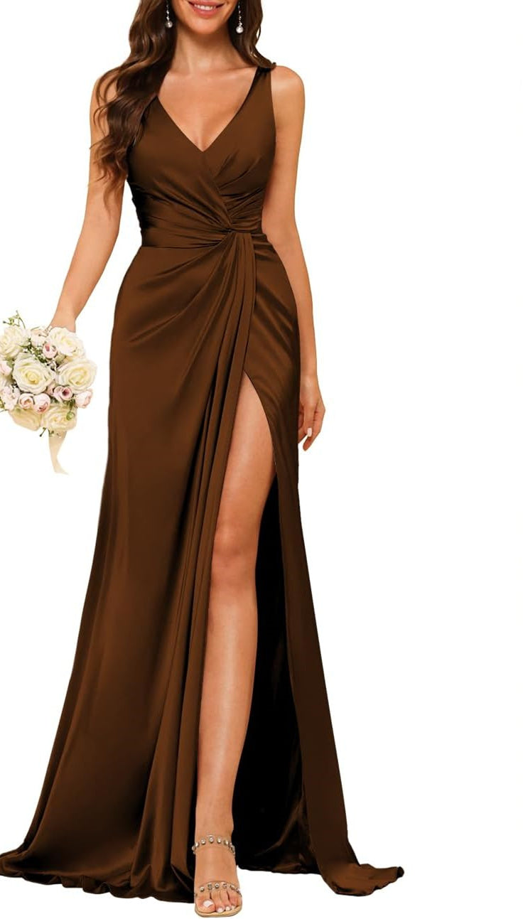 Princess V-neck sleeveless floor-length A-line bridesmaid dress featuring a split