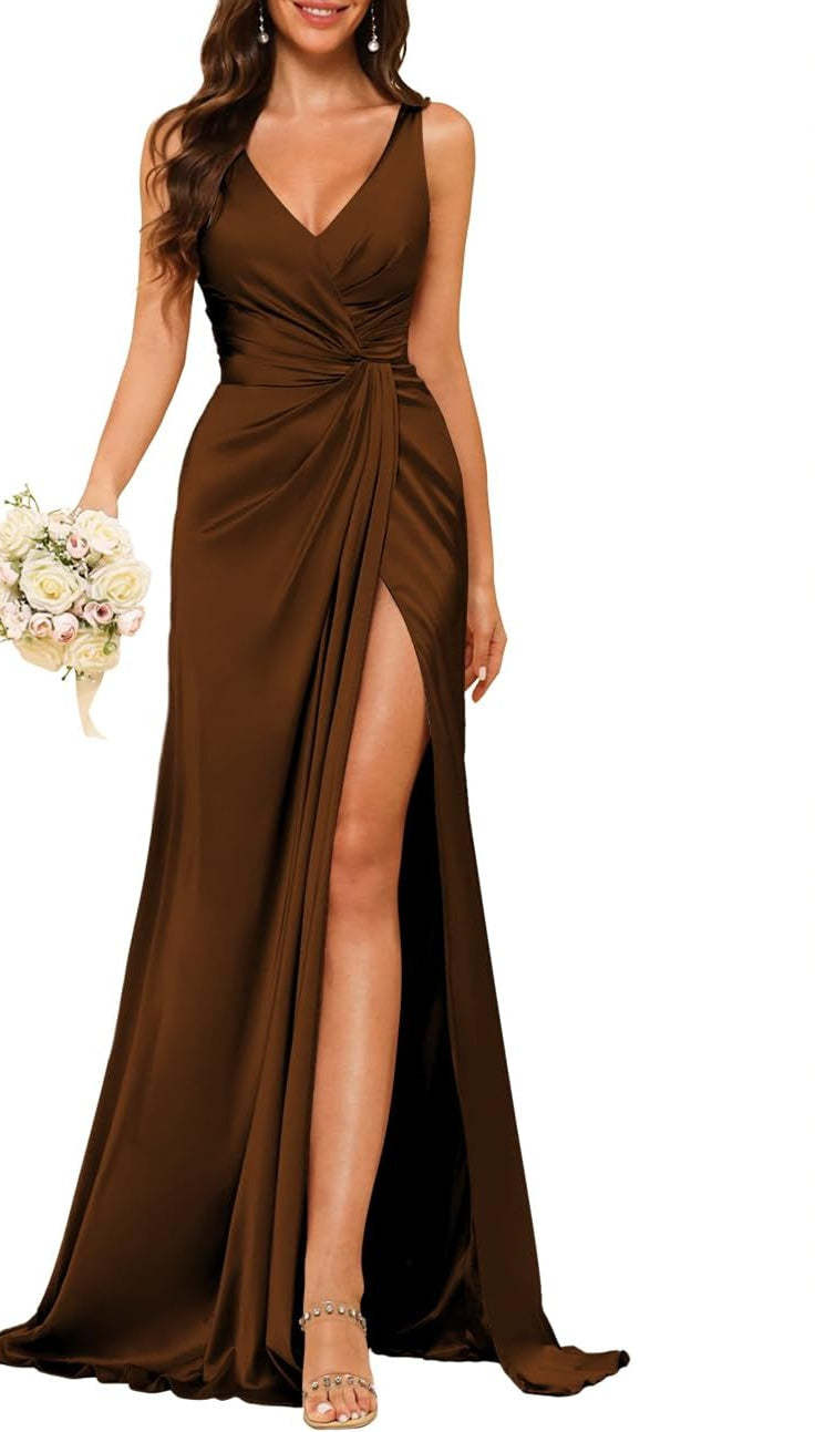 Princess V-neck sleeveless floor-length A-line bridesmaid dress featuring a split