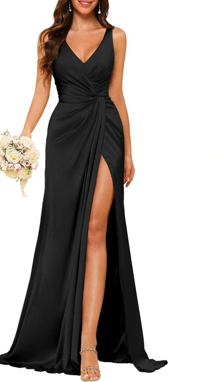 Princess V-neck sleeveless floor-length A-line bridesmaid dress featuring a split
