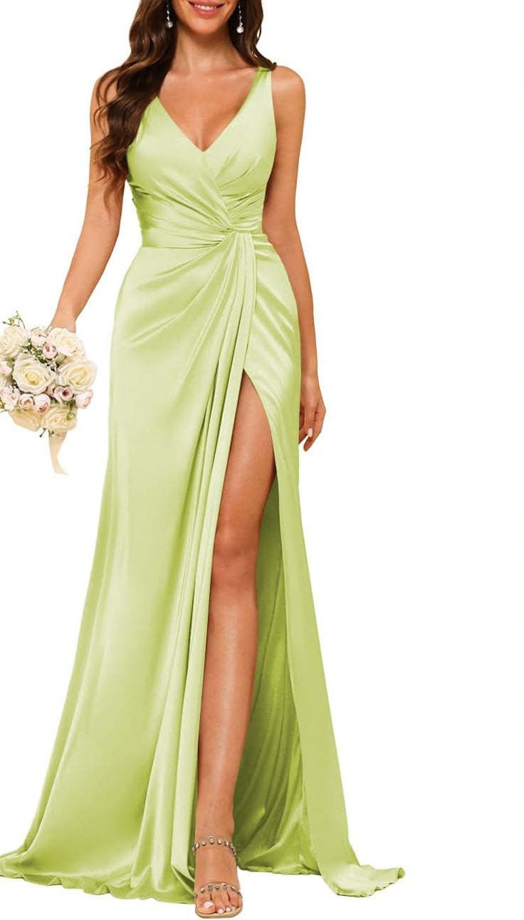 Princess V-neck sleeveless floor-length A-line bridesmaid dress featuring a split
